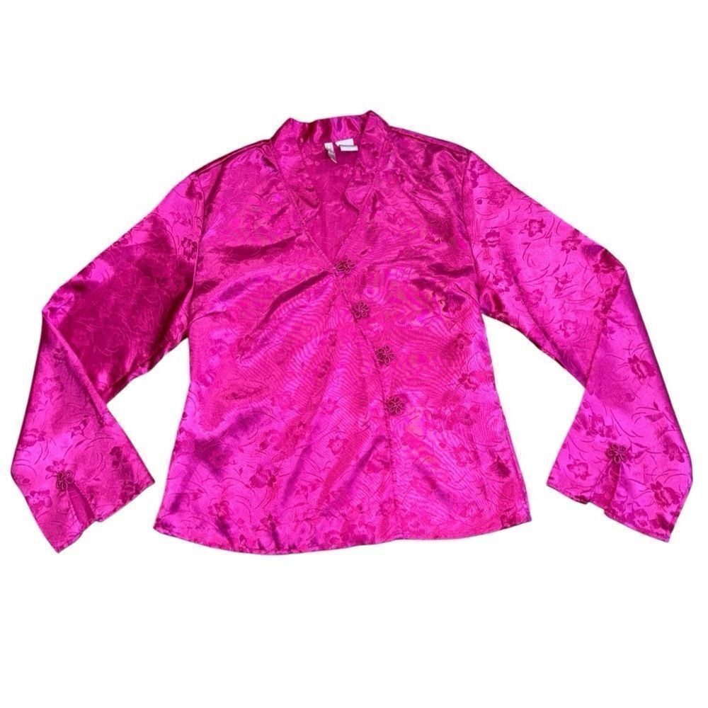Claire's Rose Women's Pink Floral Satin V Neck Blouse Size Medium
